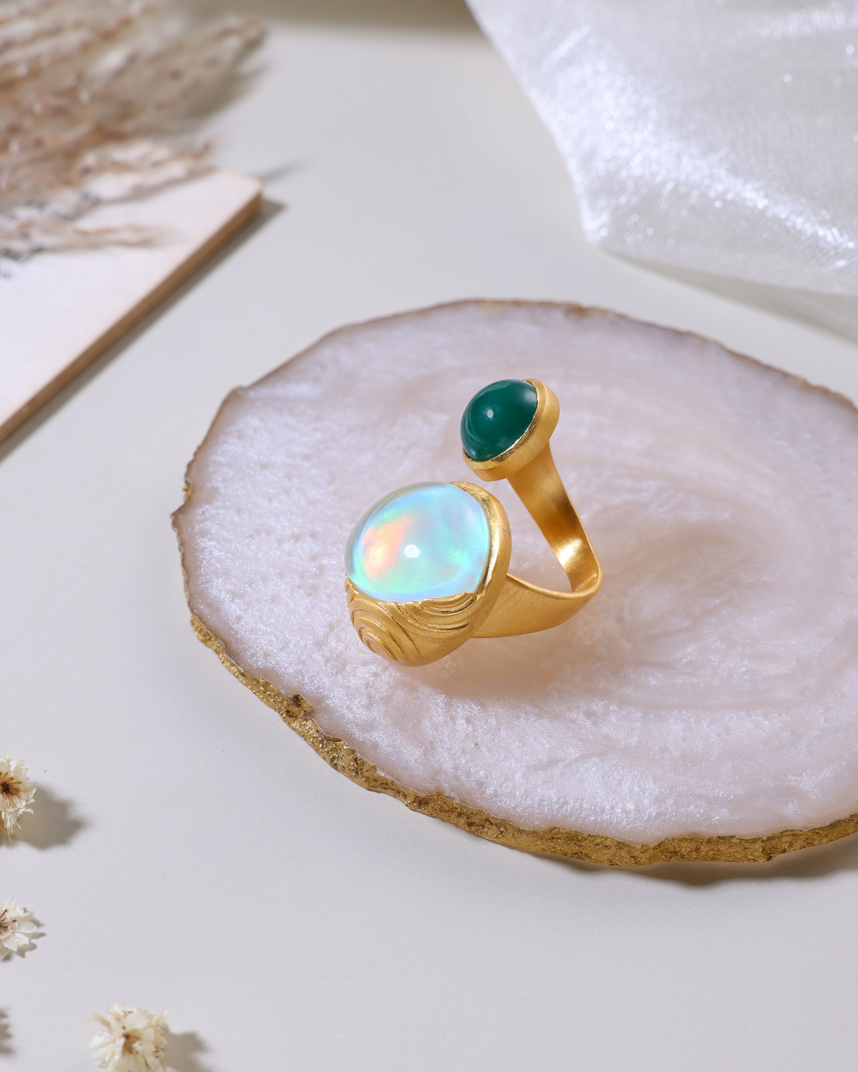 Fire & Moon Open Ring - Green Onyx Edition